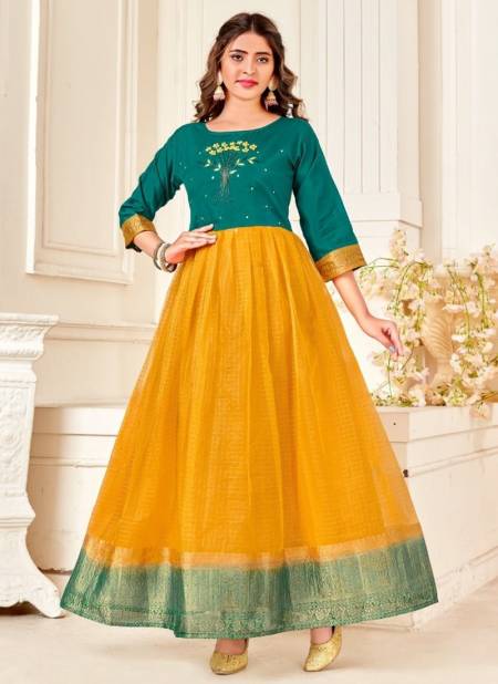Green And Yellow Colour Hoor Rahul NX New latest Designer Ethnic Wear Pure Organza Anarkali Kurti Collection 1007